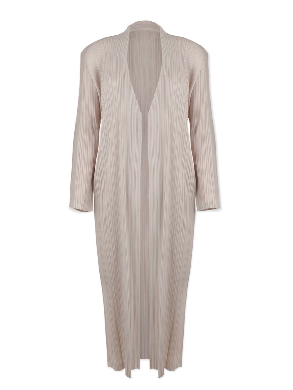 Wild Cosmos Charlotte Satin Plisse Open-Front Long Duster Cardigan in Oat OS